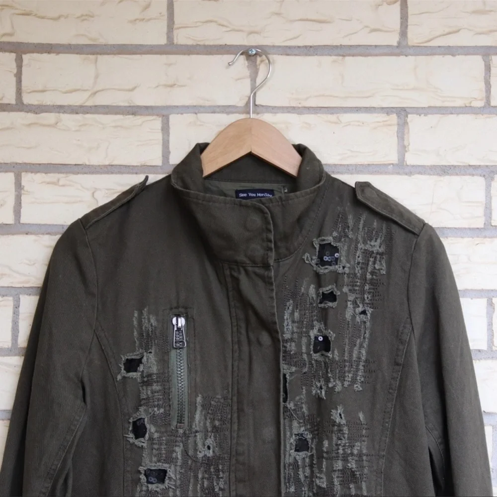 Sequin Distressed Army Military Jacket - Picture 6 of 10
